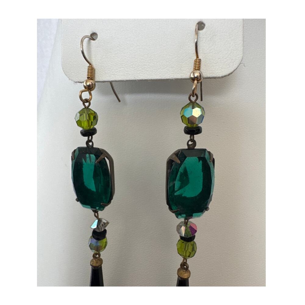 1990s–2000s Teal Glass & Onyx-Style Drop Earrings - Picture 7 of 11